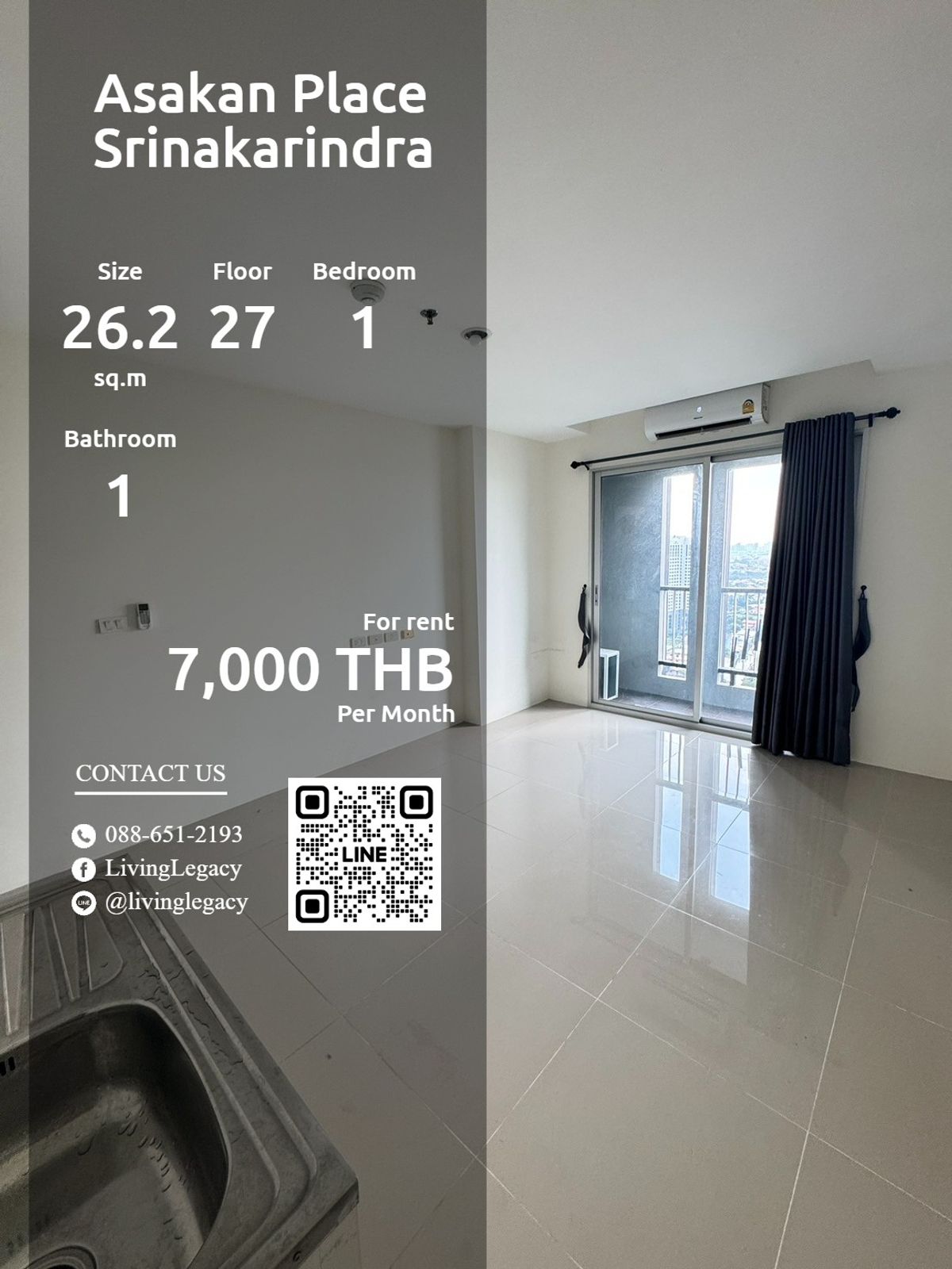 ให้เช่าคอนโดพัฒนาการ ศรีนครินทร์ : SX6U2E ให้เช่าคอนโด Asakan Place Srinakarindra 26.2 ตร.ม. ชั้น 27 line id : @livinglegacy