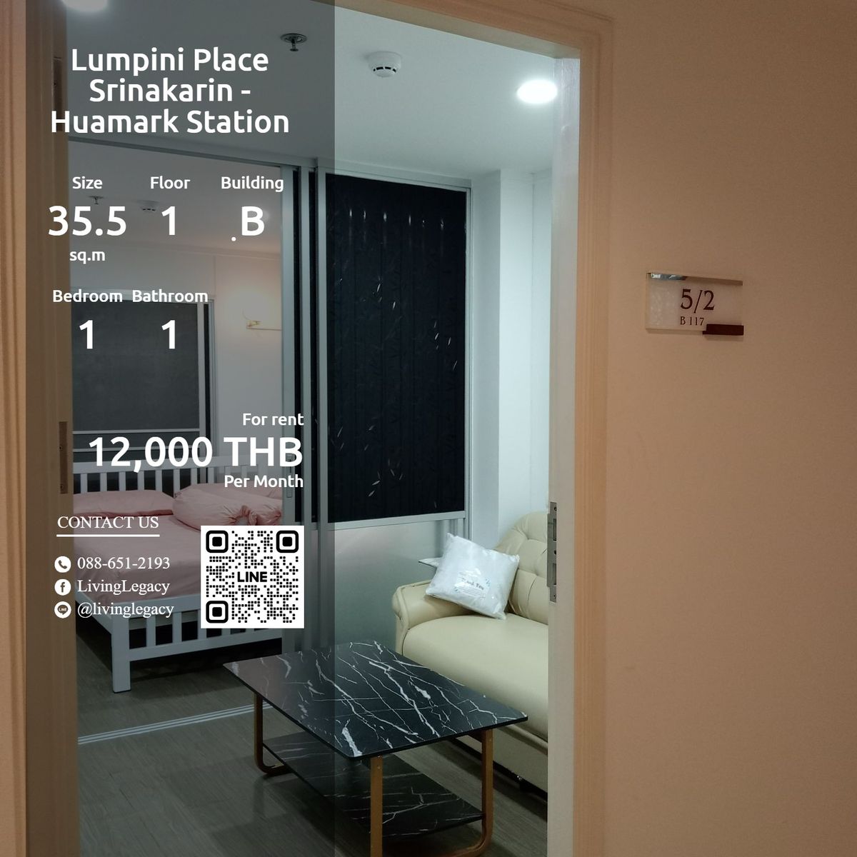 For RentCondoPattanakan, Srinakarin : SXA9R3 Condo for Lumpini Place Srinakarin - Huamark Station 35.5 sq.m., 1st floor, B Line ID: @livingLegacy