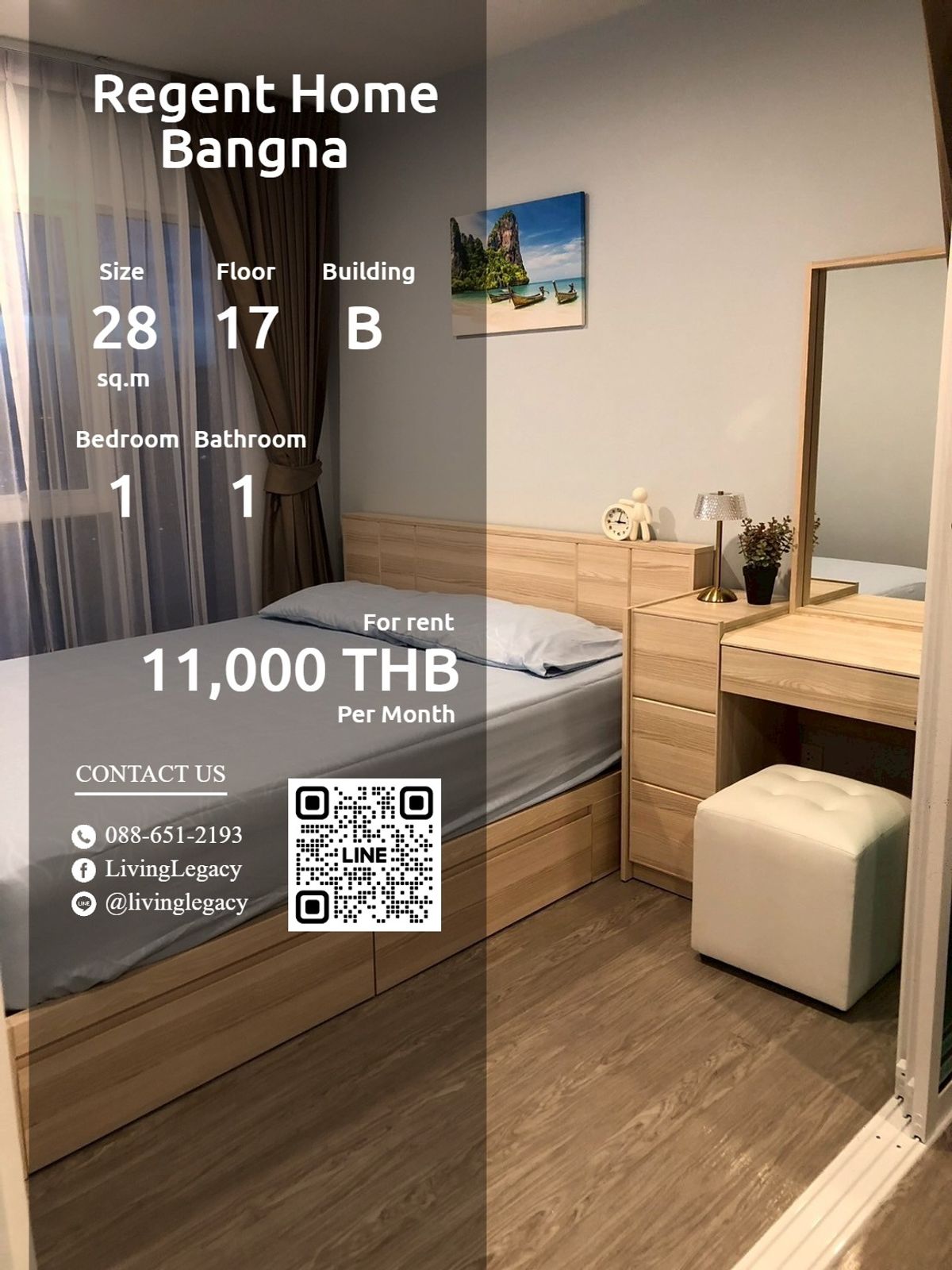 ให้เช่าคอนโดบางนา แบริ่ง ลาซาล : SX9QJZ ให้เช่าคอนโด Regent Home Bangna 28 ตร.ม. ชั้น 17 ตึก B line id : @livinglegacy