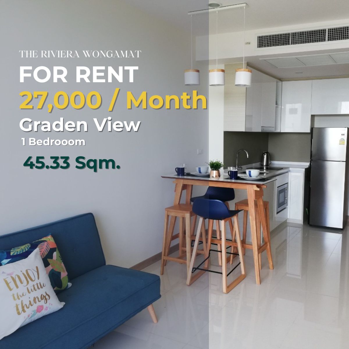 For RentCondoPattaya, Bangsaen, Chonburi : 🔥 For Rent - Riviera Wongamat Condo🔥💰 27,000 THB/Month | 43.33 SQ.M. | 6th Floor | Pool view 🌊