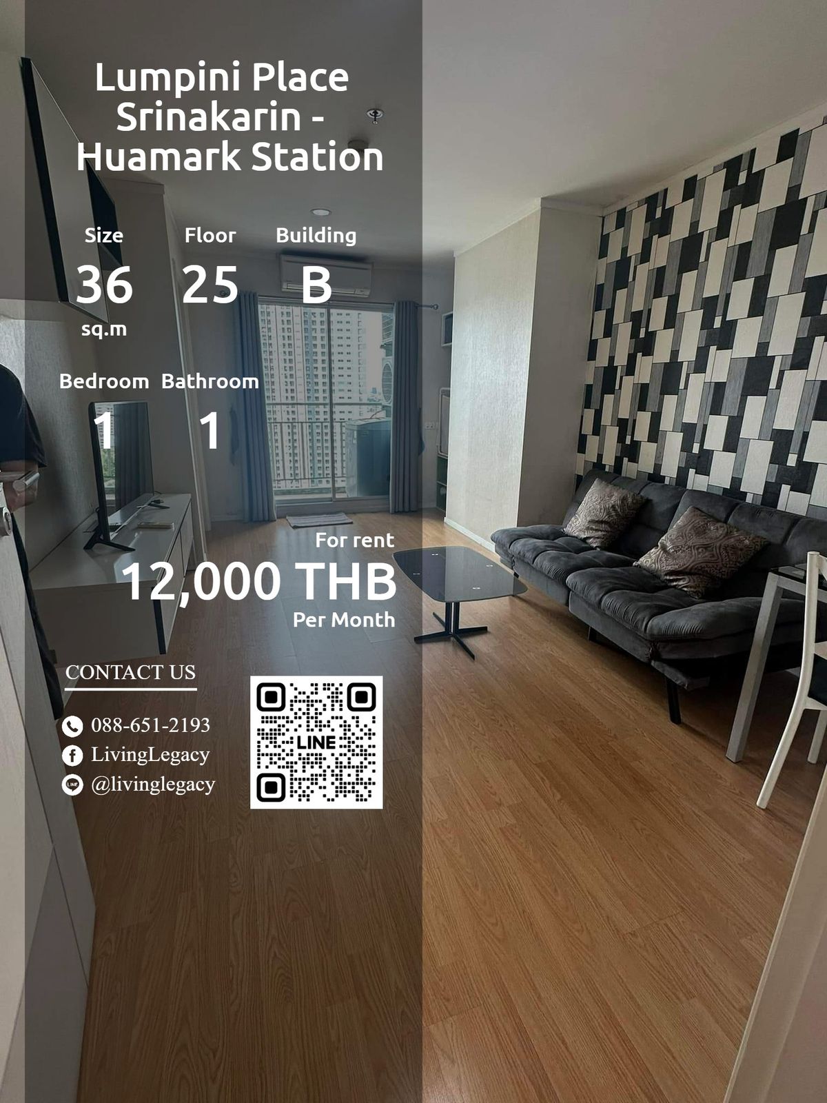 For RentCondoPattanakan, Srinakarin : SFXZVG Condo for Lumpini Place Srinakarin - Huamark Station 36 sq.m., 25th floor, Building B Line ID: @livingLegacy