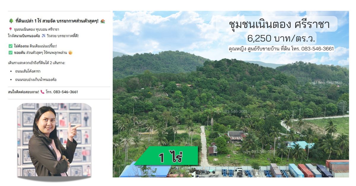 ขายที่ดินศรีราชา แหลมฉบัง บ้านบึง : ที่ดินเปล่า 1 ไร่ หนองขาม ศรีราชา ใกล้สนามบินหนองค้อ วิวภูเขา บรรยากาศส่วนตัว