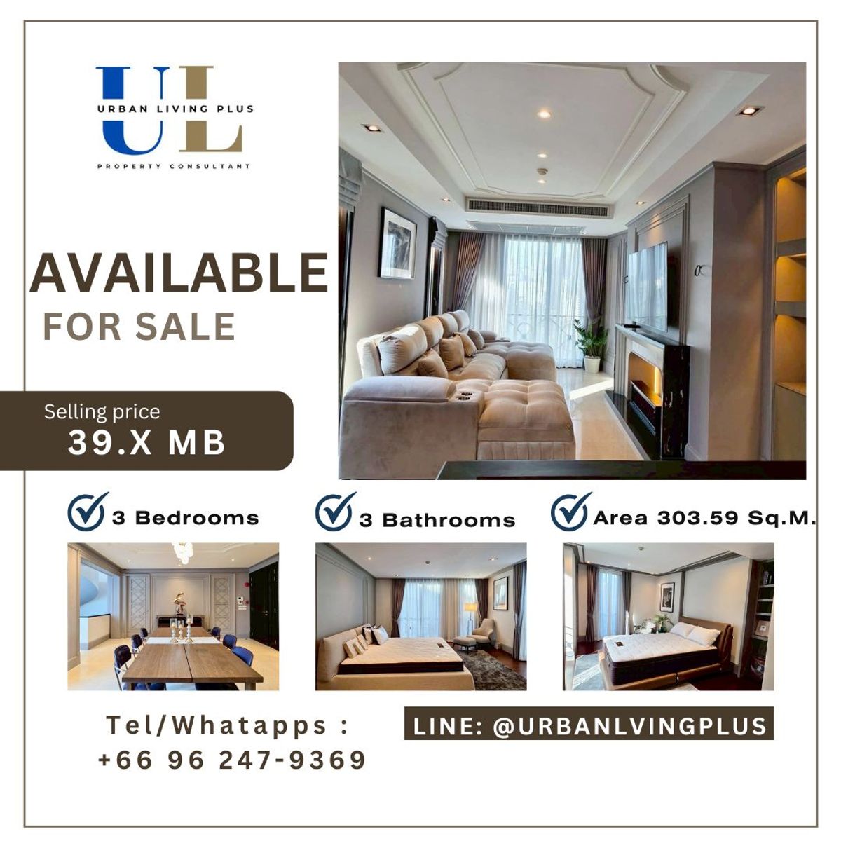 For SaleCondoSathorn, Narathiwat : ( U20250528400 ) Tel/Line 096-2479369 , FOR SELL BAAN LUX SATHORN 3 Bedroom 3 Bathroom 2 Kitchen 303.59 Sq.M. Penthouse** 