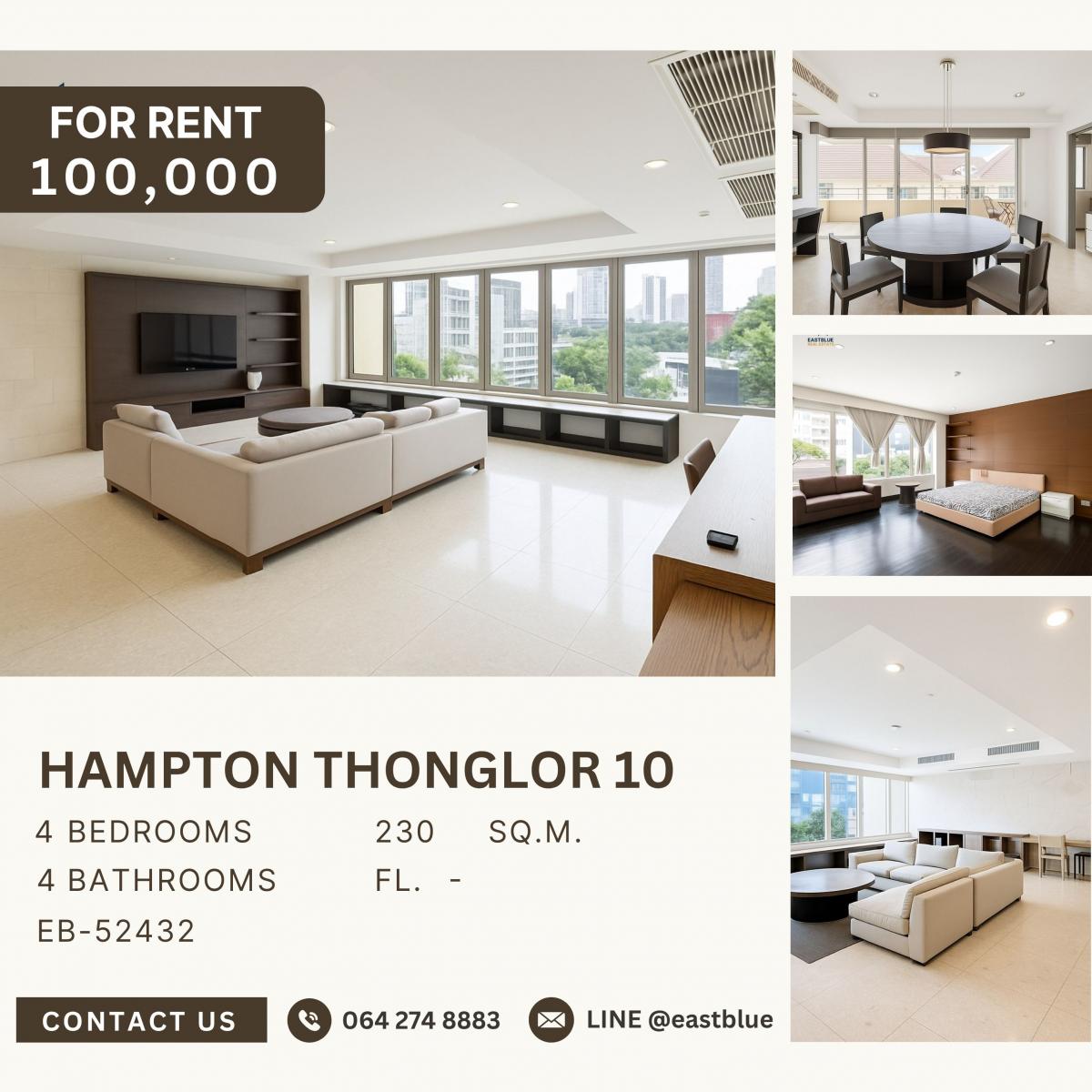 ให้เช่าคอนโดสุขุมวิท อโศก ทองหล่อ : Hampton Thonglor 10, 4 bed, 100000 per month