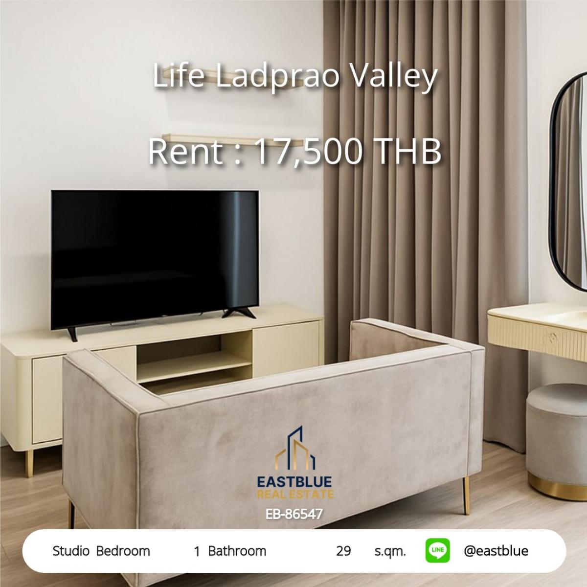 For RentCondoLadprao, Central Ladprao : Rent Life Ladprao Valley Studio 29 sq.m. in the heart of Ladprao, near BTS/MRT
Starting at 17,500 Baht/month. Convenient and fully equipped with a fitness center and relaxation garden!