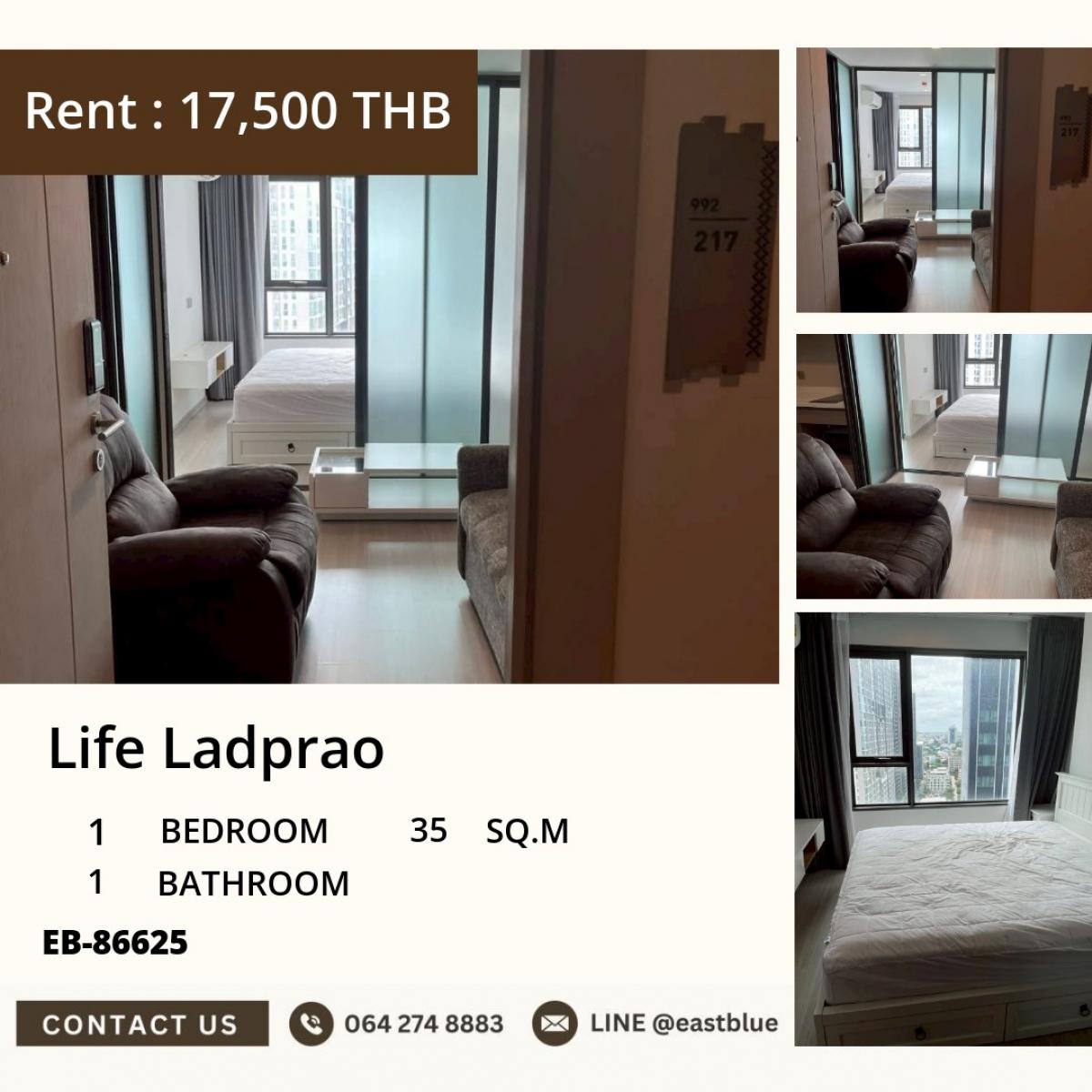 For RentCondoLadprao, Central Ladprao : 18/03/2026, Rent a condo at Life Ladprao, 1 bedroom, 35 sqm, near BTS/MRT starting at 17,500 baht/month
with full amenities, close to shopping malls and markets, very convenient for travel! 0642748883