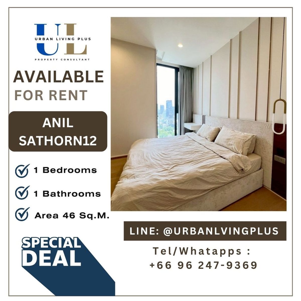 ให้เช่าคอนโดสาทร นราธิวาส : ( U20250611100 ) Tel/Line 096-2479369 , สำหรับเช่า อนิล สาทร12 , 1 ห้องนอน 1 ห้องน้ำ 46 ตร.ม. ชั้นสูง ห้องสวย