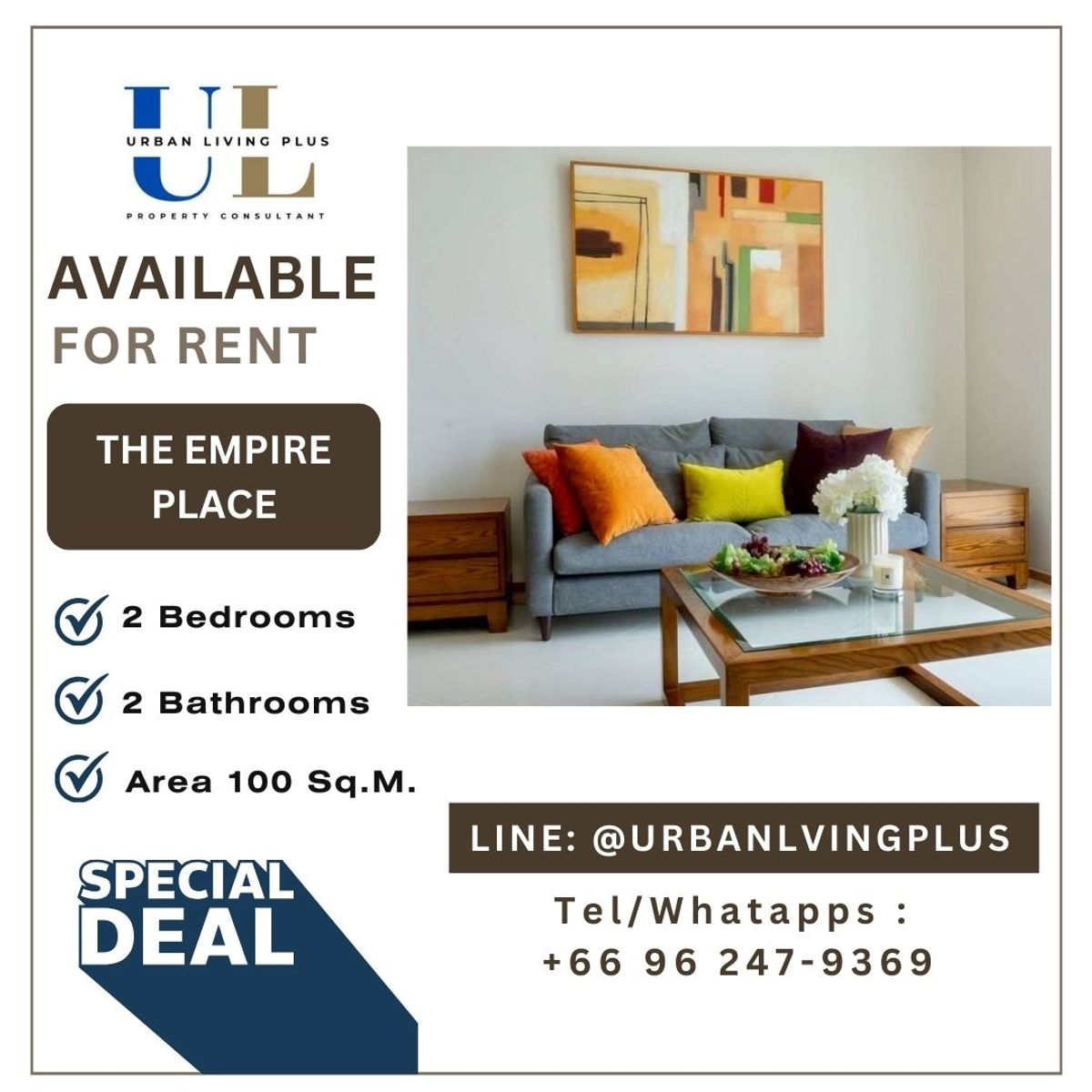 For RentCondoSathorn, Narathiwat : ( UL2509231) Tel/Line 096-2479369 ,  FOR RENT THE EMPIRE PLACE 2 bedroom 2 bathroom 100 Sq.M. New Renovations✨