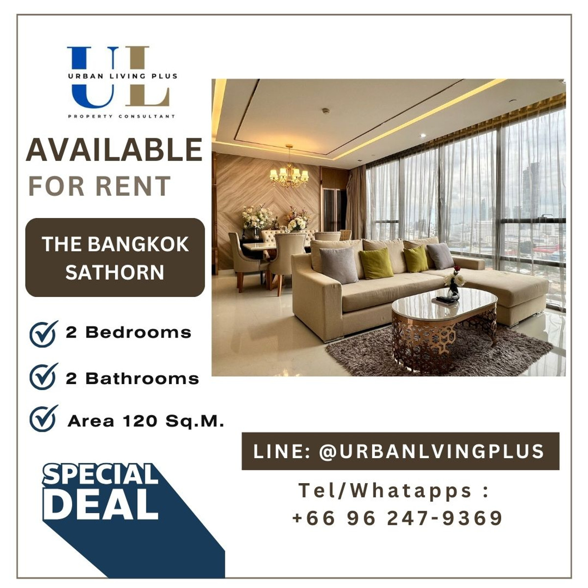 For RentCondoSathorn, Narathiwat : ( UL2406204 ) Tel/Line 096-2479369 ,  The Bangkok Sathorn for rent 2 bedroom, 2 bathroom , Size 120 Sq.M., furnished, ready to move in