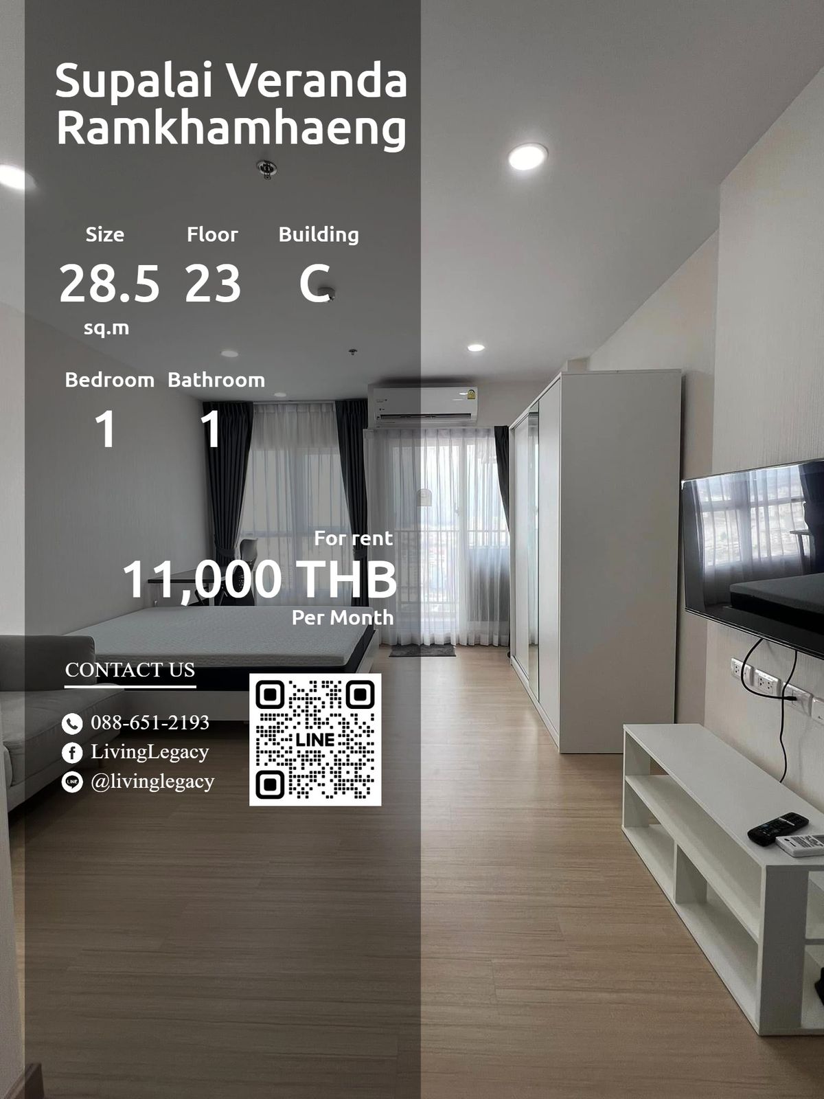 For RentCondoRamkhamhaeng, Hua Mak : LSB7ORJI Condo for Rent Supalai Veranda Ramkhamhaeng 28.5 sq.m., 23rd floor, C LINE ID: @livingLegacy