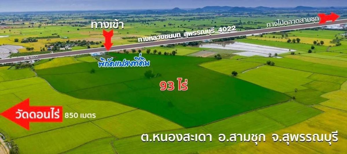 ขายที่ดินสุพรรณบุรี : ขายที่นาทำเลดี ติดถนนเดินทางสะดวก มีคูคลองส่งน้ำ ต.หนองสะเดา อ.สามชุก จ.สุพรรณบุรี จำนวน 93 ไร่ 