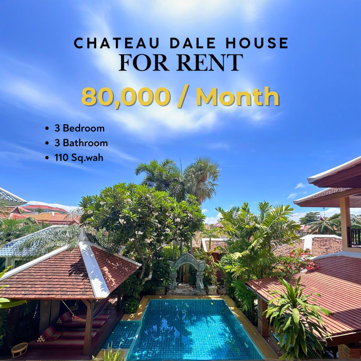 ให้เช่าบ้านพัทยา บางแสน ชลบุรี สัตหีบ : 🔥 FOR RENT – Thai-Bali Style Pool Villa in Pattaya! 💸 80,000 THB/month | 📐 110 Sq.wah | 🛏 3 Bed | 🛁 3 Bath