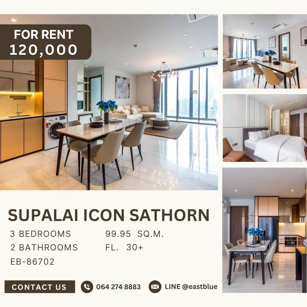 ให้เช่าคอนโดสาทร นราธิวาส : Supalai Icon Sathorn, 3 bed, 120000 per month
