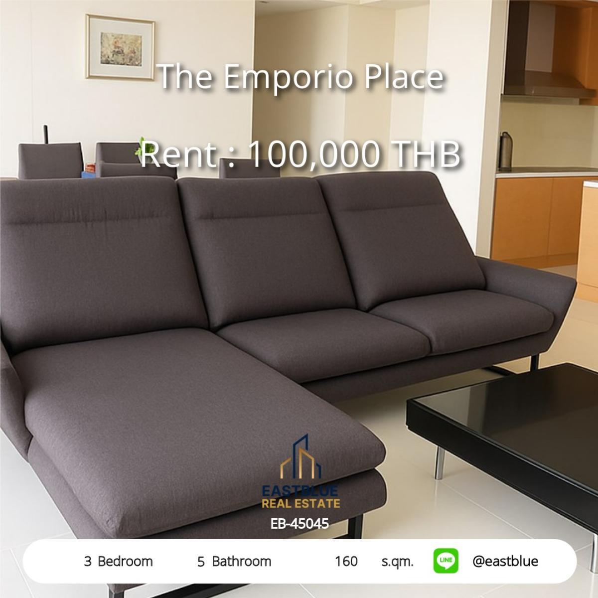 ให้เช่าคอนโดสุขุมวิท อโศก ทองหล่อ : Luxury 3-Bed Condo @ The Emporio Place ใกล้ BTS พร้อมพงษ์ 
พื้นที่กว้าง 160 ตร.ม. ราคาเพียง 99,000 บาท/เดือน!