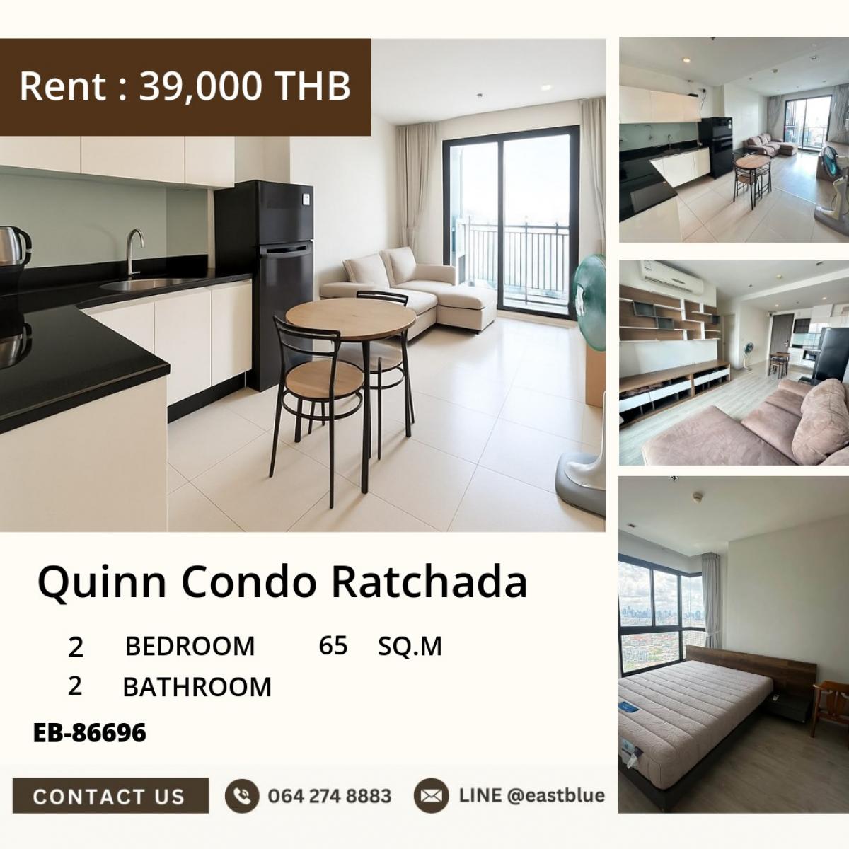 For RentCondoRatchadapisek, Huaikwang, Suttisan : For rent: Quinn Ratchada condo, 2 bedrooms, near MRT Sutthisan
Area: 65 sq.m. Price: only 39,000 baht/month!