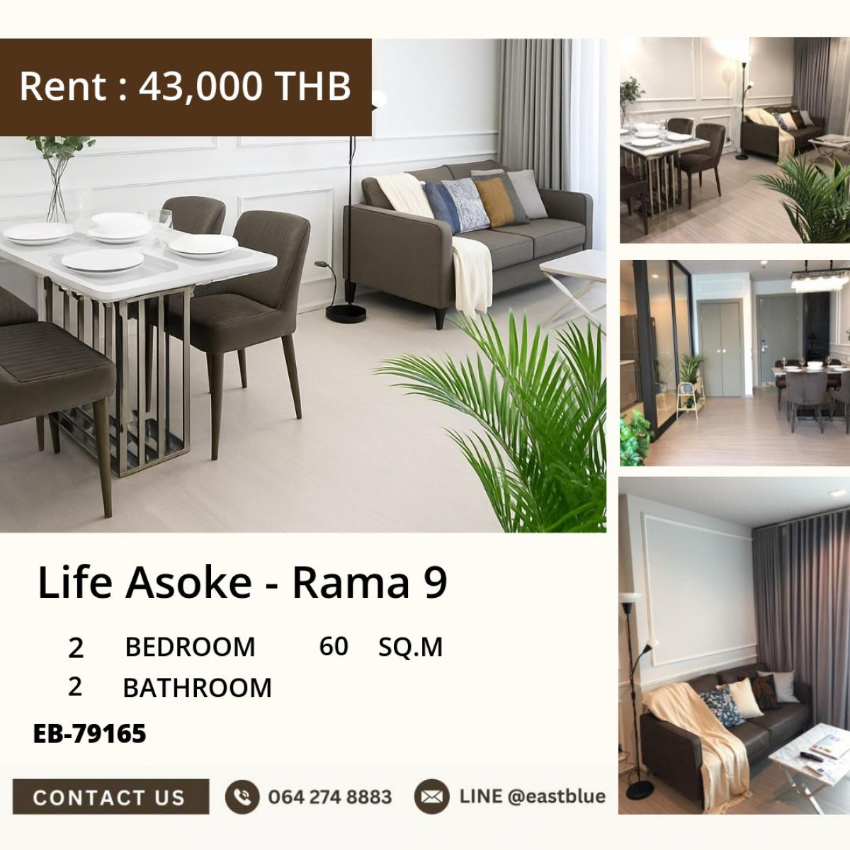 For RentCondoRama9, Petchburi, RCA : For rent: Life Asoke-Rama 9, 2 bedrooms, near BTS/MRT Rama 9
Luxury condo, 60 sqm, with complete amenities! Only 43,000 baht/month