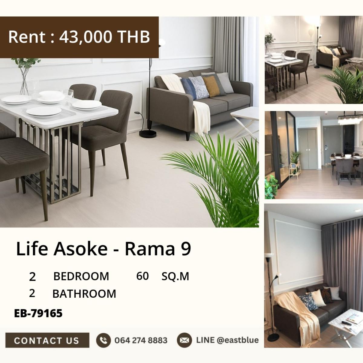 For RentCondoRama9, Petchburi, RCA : 30/03/2026, For rent: Life Asoke-Rama 9, 2 bedrooms, near BTS/MRT Rama 9
Luxury condo, 60 sqm, with complete amenities! Only 43,000 baht/month 0642748883