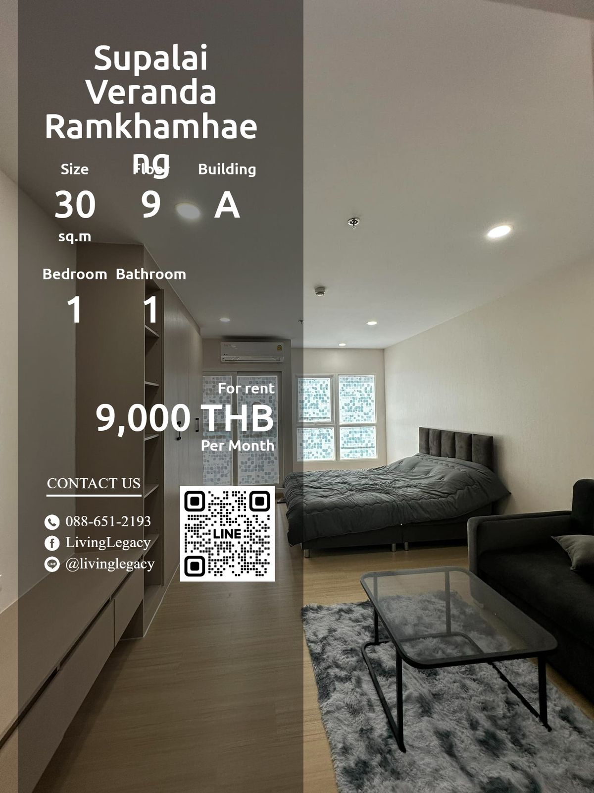 For RentCondoRamkhamhaeng, Hua Mak : SEZWQV Condo for Rent Supalai Veranda Ramkhamhaeng 30 sq.m., 9th floor, Line ID: @livingLegacy