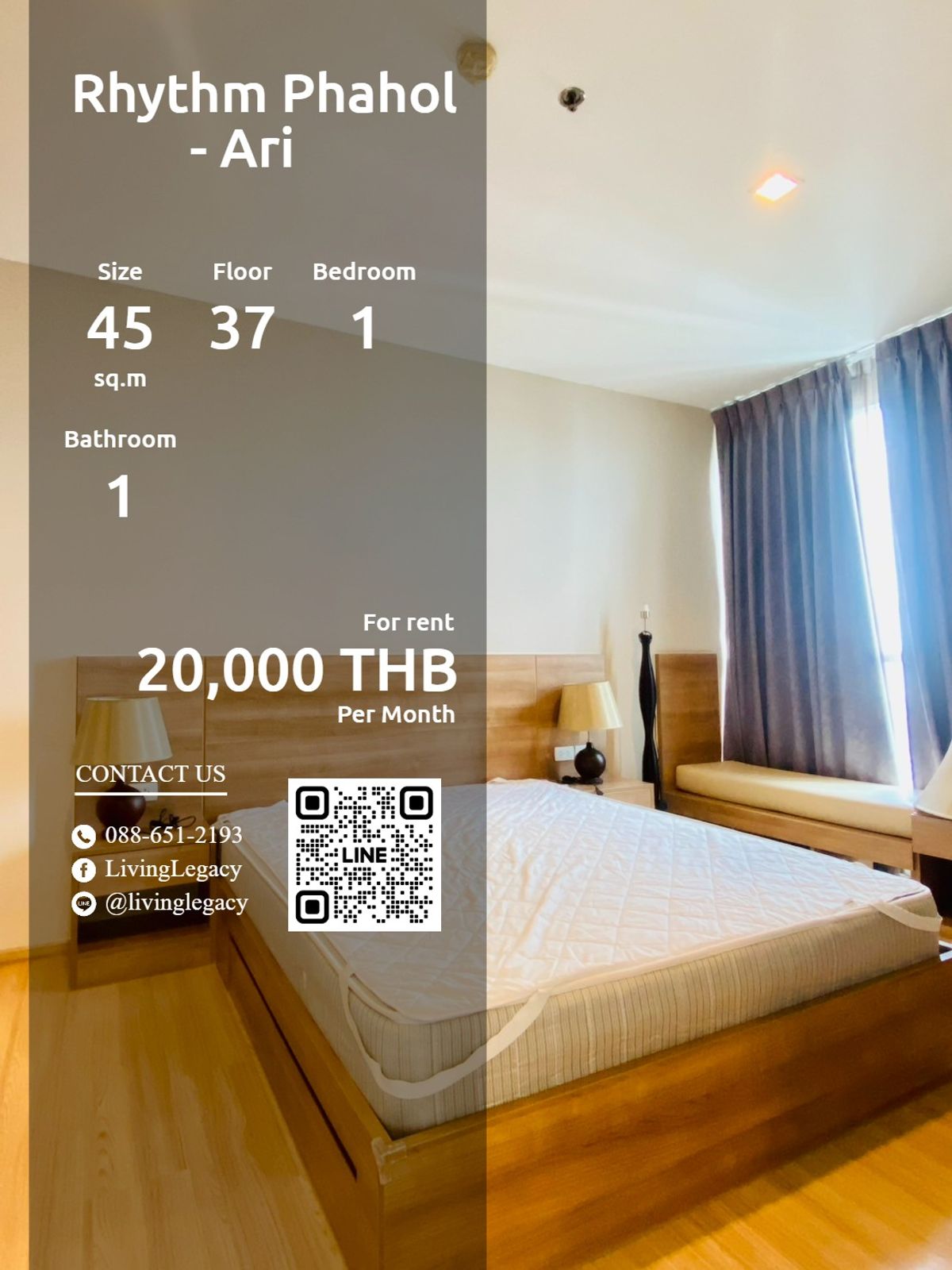 ให้เช่าคอนโดสะพานควาย จตุจักร : SIK767 ให้เช่าคอนโด Rhythm Phahol - Ari 45 ตร.ม. ชั้น 37 line id : @livinglegacy