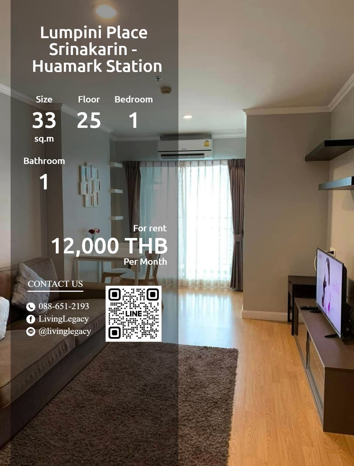 For RentCondoPattanakan, Srinakarin : Sh682W Condo for Lumpini Place Srinakarin - Huamark Station 33 sq.m. Floor 25 Line ID: @livingLegacy