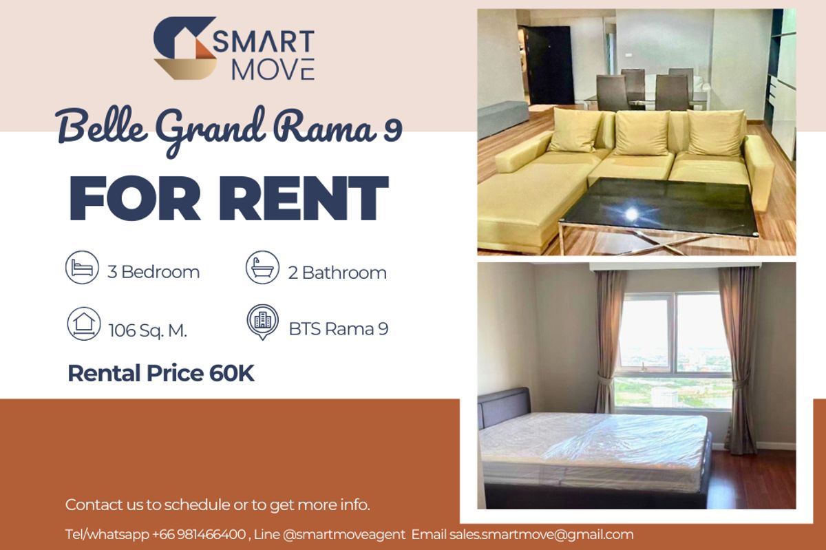 ให้เช่าคอนโดพระราม 9 เพชรบุรีตัดใหม่ RCA : 🔥 For Rent !!🔥 Code C20250600025..........Belle Grand Rama 9, 3 bedroom, 2 bathroom, high floor 38++, furnished, ready to move in 📣📣