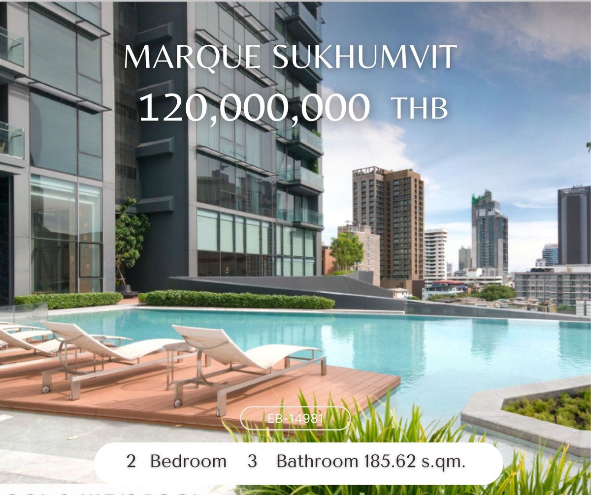 ขายคอนโดสุขุมวิท อโศก ทองหล่อ : Rare item!!! Ultra luxury condo ห้องสวยหายากมากๆ ชั้นสูง มีอ่างจากุชชี่ส่วนตัว ✨Marque Sukhumvit✨2 ห้องนอน 3 ห้องน้ำ ขนาด 185.62 ตร.ม ใกล้ BTS พร้อมพงษ์ Tel.0982645161 