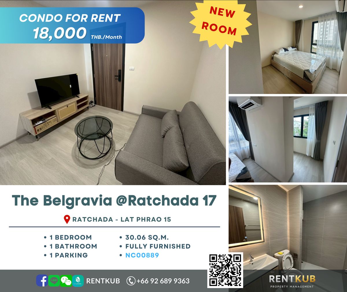 For RentCondoRatchadapisek, Huaikwang, Suttisan : 🔹Condo for Rent | The Belgravia @ Ratchada 17 | 30 SQ.M, 1 Bed - 1 Bath | 18,000 thb.