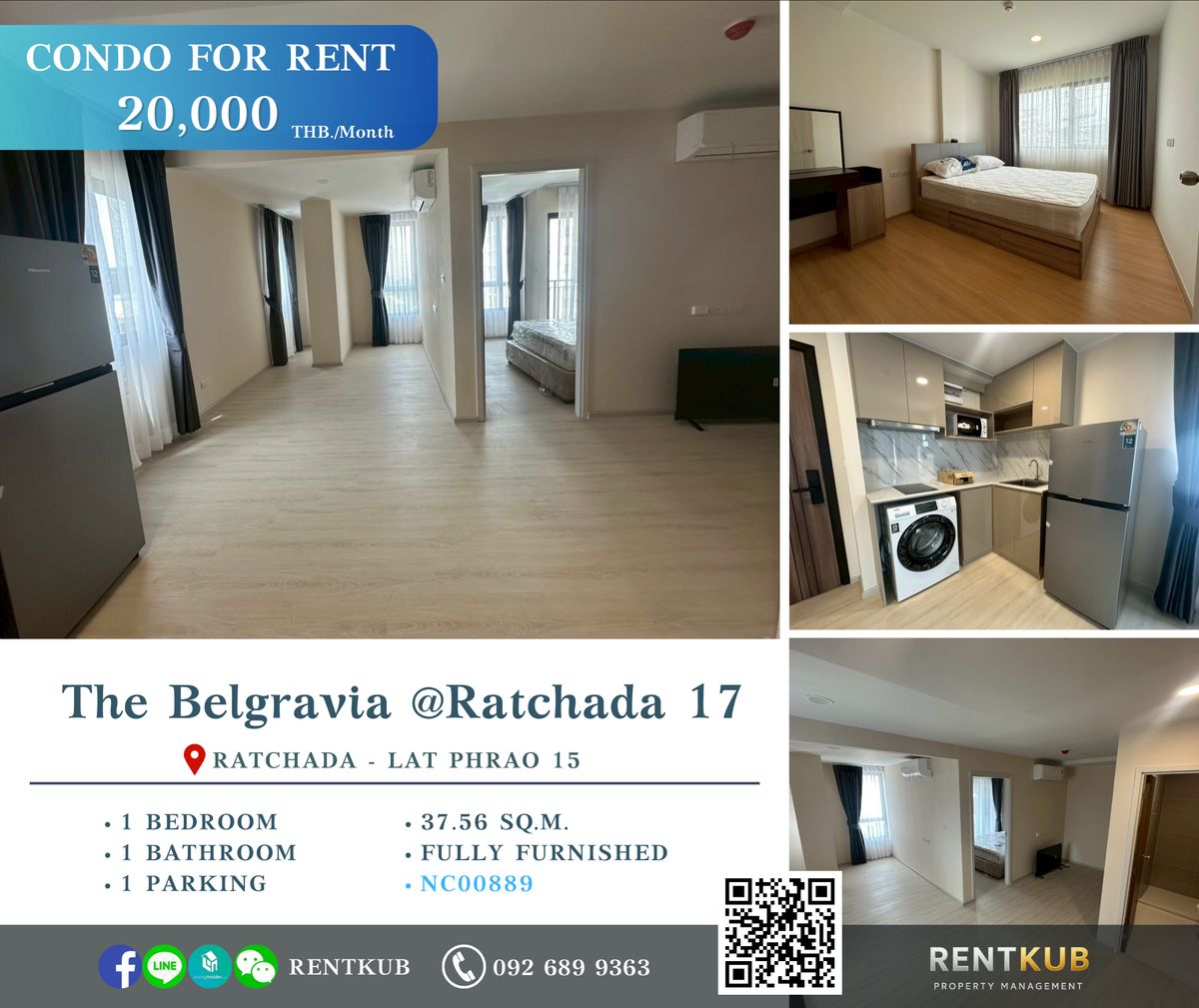 For RentCondoRatchadapisek, Huaikwang, Suttisan : 🔹Condo for Rent | The Belgravia @ Ratchada 17 | 37.56 SQ.M, 1 Bed - 1 Bath | 20,000 thb.