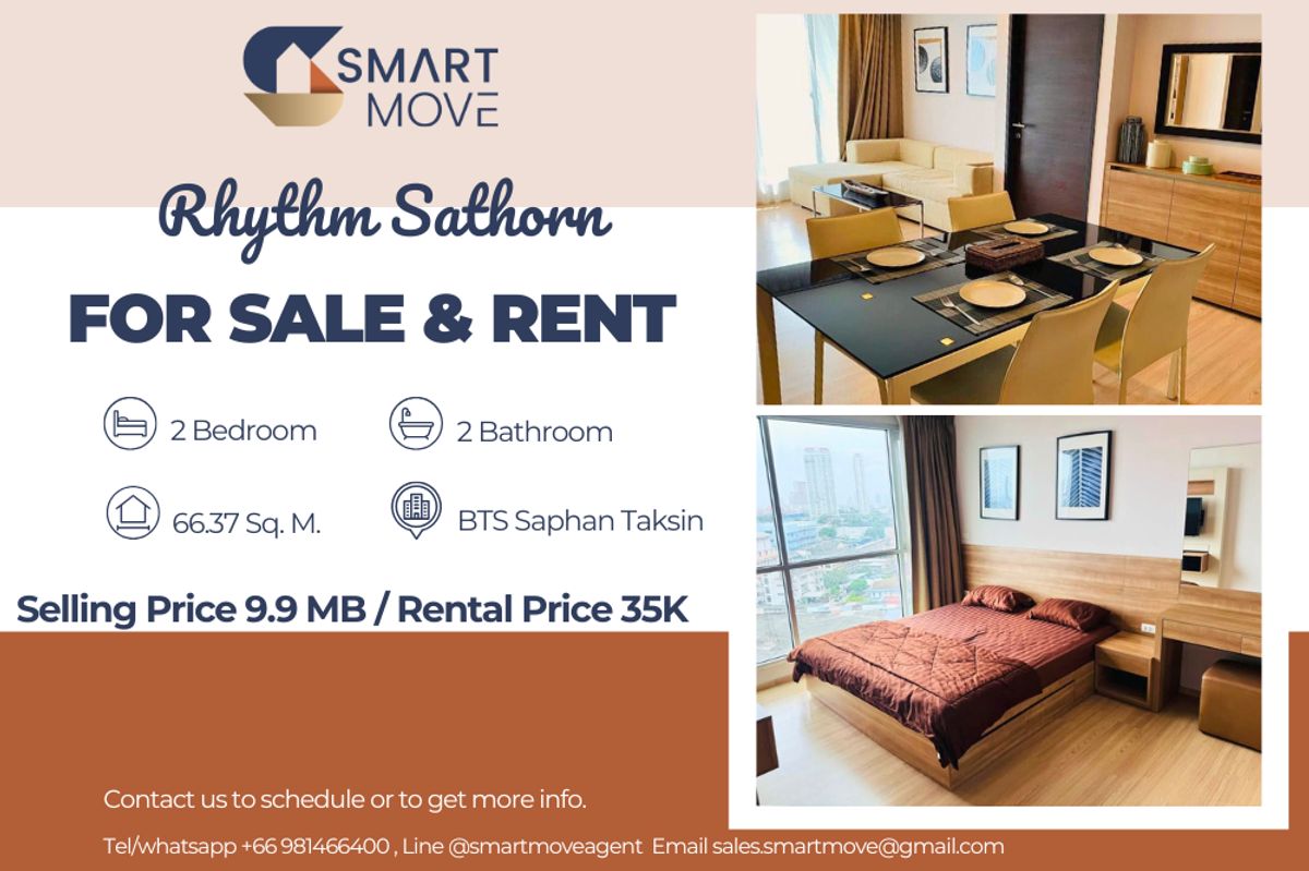 CondoSathorn, Narathiwat : 🔥 For Sale - Rent !! Rare Item !!🔥 Code C20240301742..........Rhythm Sathorn, 2 bedroom, 2 bathroom, high floor, City view, furnished, ready to move in, Special Deal!!📣📣