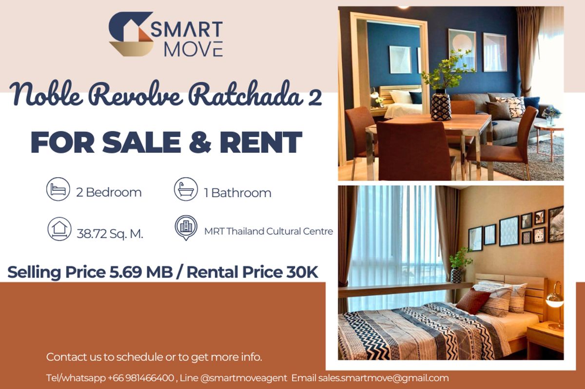CondoRatchadapisek, Huaikwang, Suttisan : 🔥 For Sale - Rent !!🔥 Code C20230600935..........Noble Revolve Ratchada 2, 2 bedroom, 1 bathroom, high floor 11++, furnished, ready to move in, Special Deal!!📣📣