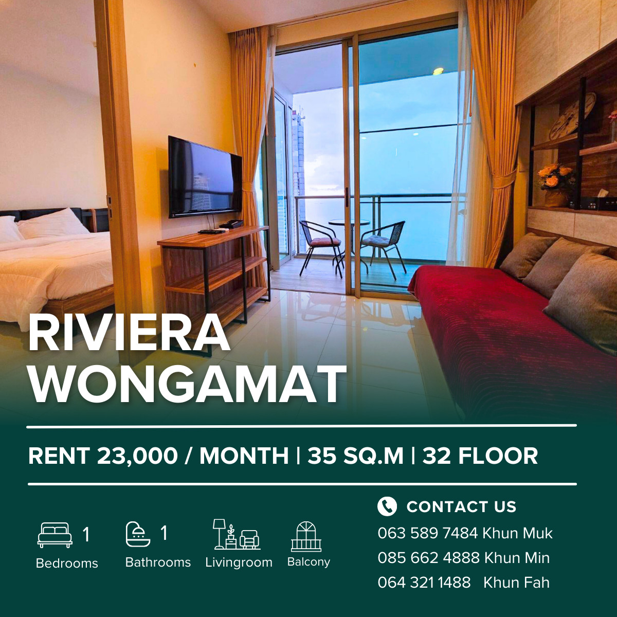 ให้เช่าคอนโดพัทยา บางแสน ชลบุรี สัตหีบ : The Riviera Wongamat 🔥For rent 23,000/month🔥| 1 Bedroom (35 Sqm.) | Sea View