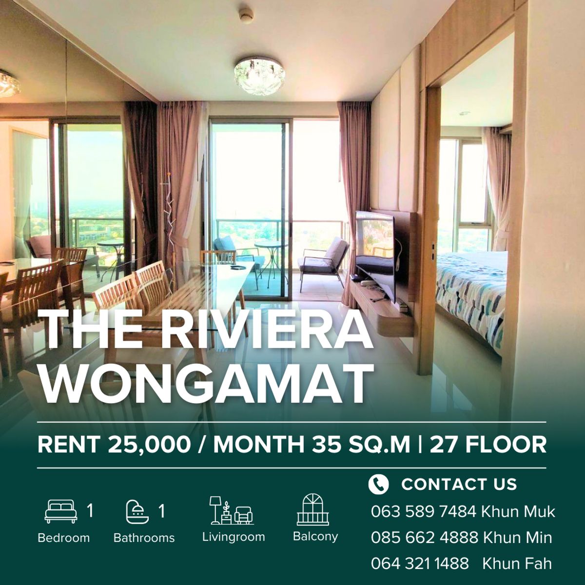 For RentCondoPattaya, Bangsaen, Chonburi : 🌊 The Riviera Wongamat - 25,000 THB/Month | 1br | 35 SQ.M. | 31 TH Floor 🔥