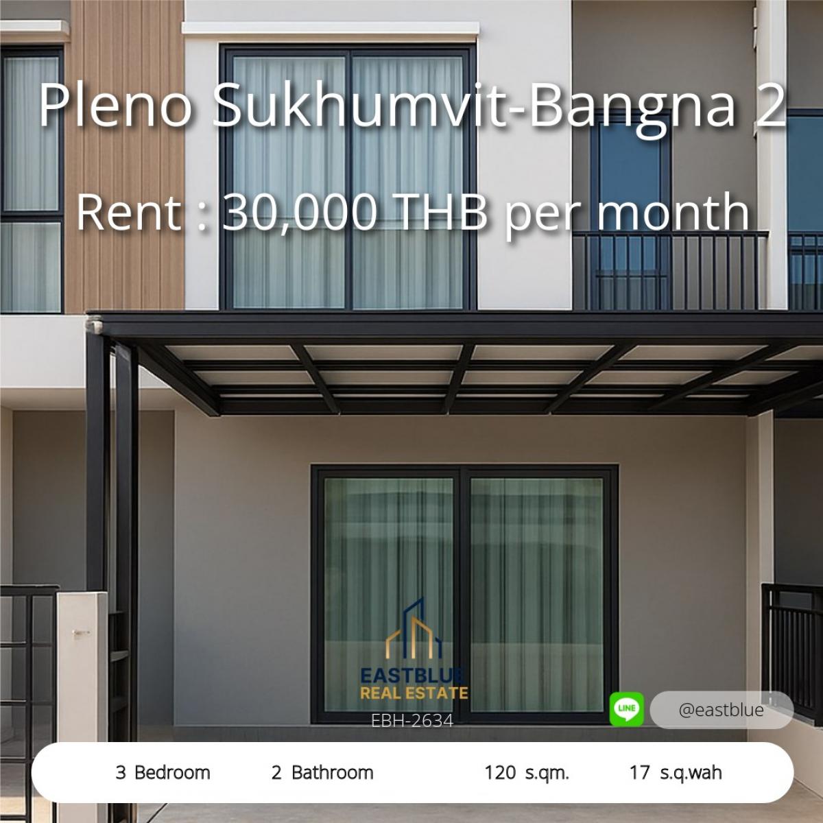 For RentTownhomeBangna, Bearing, Lasalle : Townhome for rent, Pleno Sukhumvit-Bangna 2, fully furnished, ready to move in.