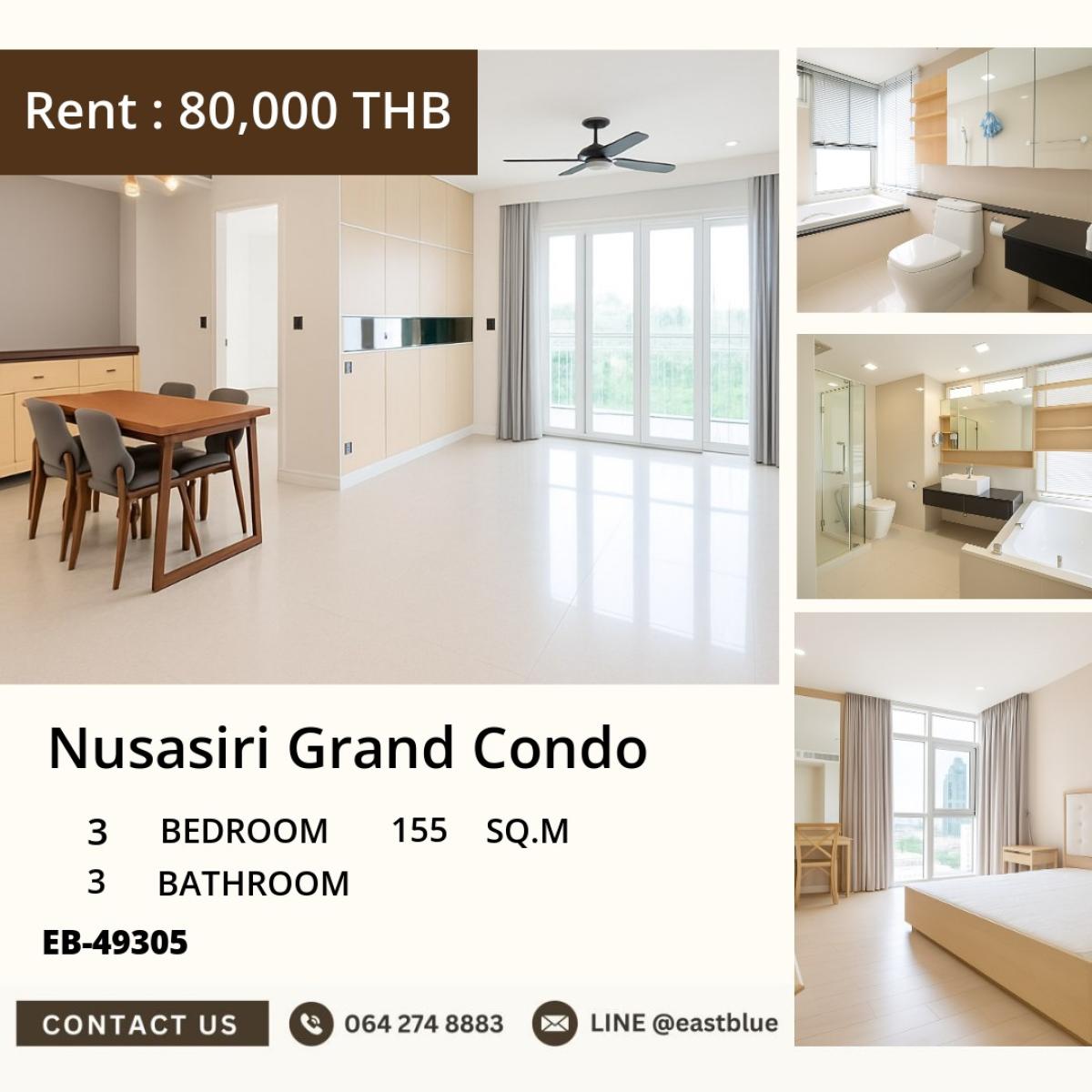 For RentCondoSukhumvit, Asoke, Thonglor : 24/03/2026, Luxurious 3-bedroom near BTS Ekkamai
Rent for only 80,000 Baht/month at Nusasiri Grand Condo! 0642748883