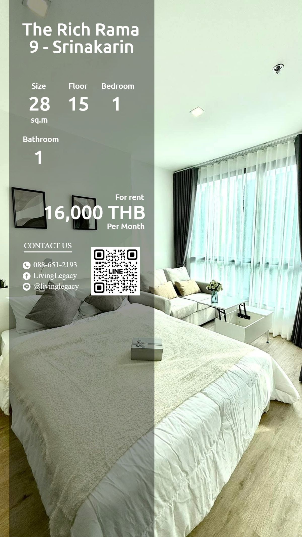 ให้เช่าคอนโดพัฒนาการ ศรีนครินทร์ : SOSQVK ให้เช่าคอนโด The Rich Rama 9 - Srinakarin 28 ตร.ม. ชั้น 15 line id : @livinglegacy