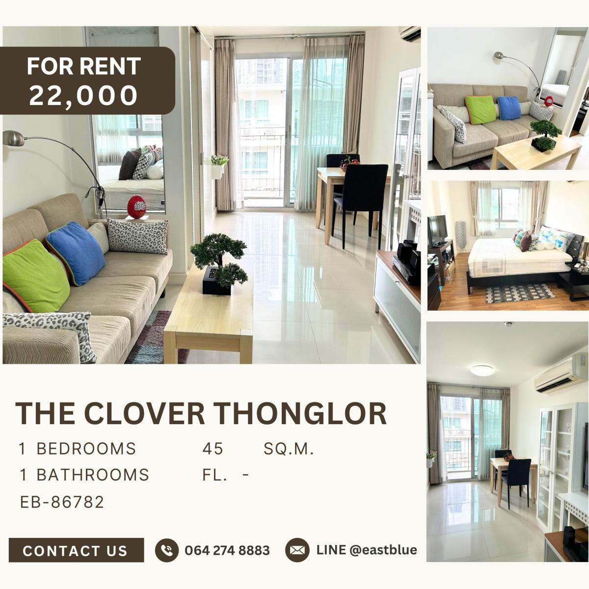 ให้เช่าคอนโดสุขุมวิท อโศก ทองหล่อ : The Clover Thonglor, 1 bed, 22000 per month