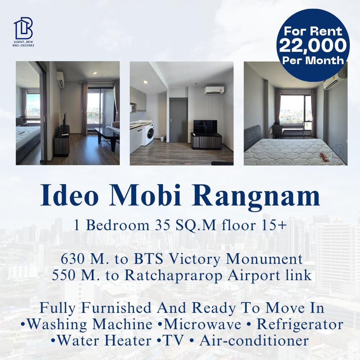 ให้เช่าคอนโดราชเทวี พญาไท : ✅️Available Now✅️ Ideo Mobi Rangnam 1 Bedroom 35 Sqm 22,000 THB per month 