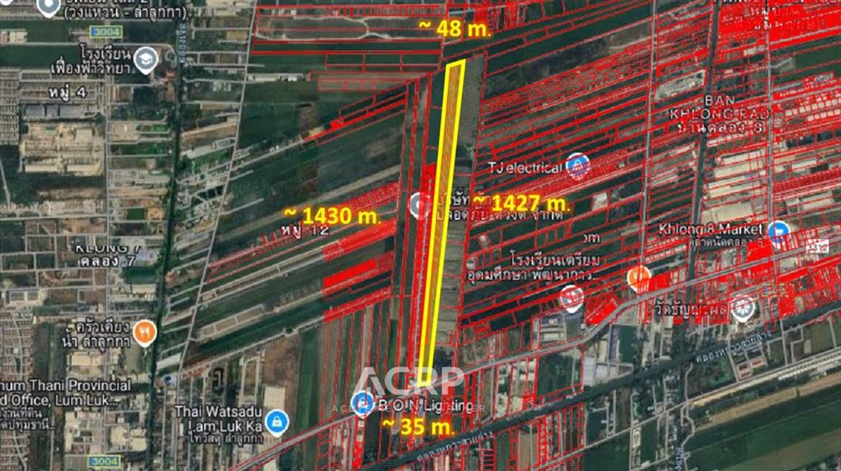 ขายที่ดินปทุมธานี รังสิต ธรรมศาสตร์ : ขายที่ดิน 34-1-14.7 ไร่ ติดถนนลำลูกกา คลอง 7