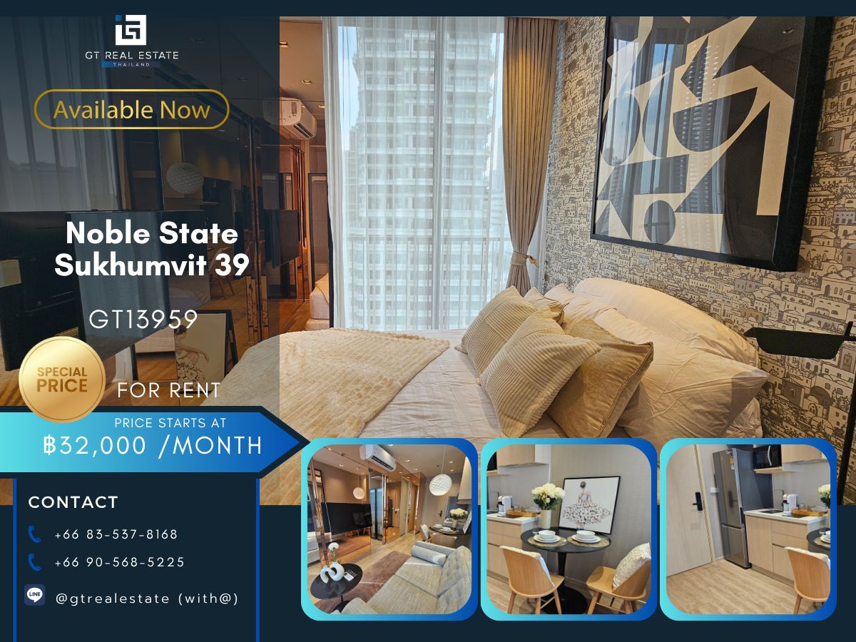 For RentCondoSukhumvit, Asoke, Thonglor : Noble State Sukhumvit 39, convenient transportation, near the BTS train, has a very beautiful decorative room. Complete furniture Ready to move in !!