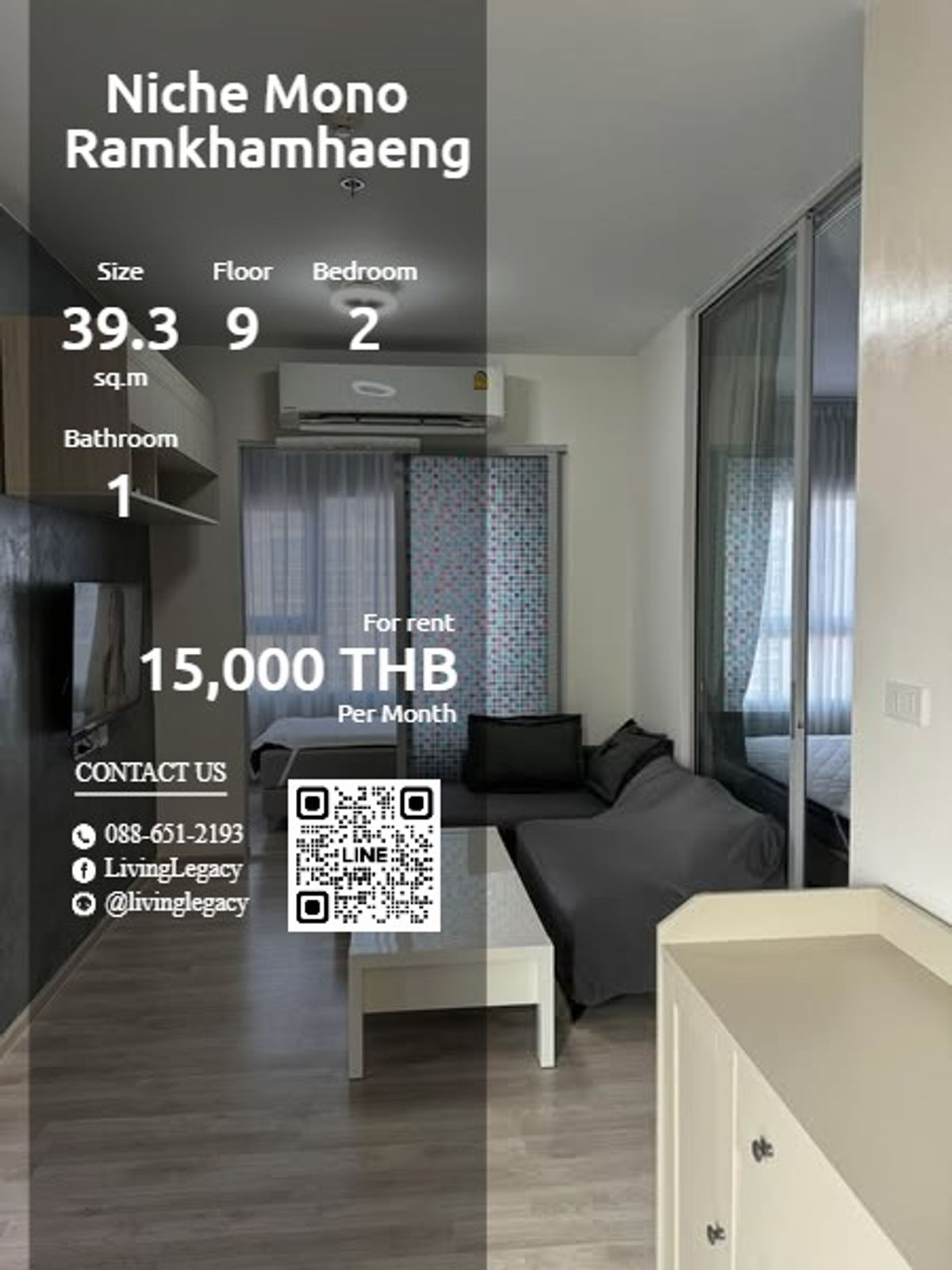 ให้เช่าคอนโดรามคำแหง หัวหมาก : SYC5NA ให้เช่าคอนโด Niche Mono Ramkhamhaeng 39.39 ตร.ม. ชั้น 9 line id : @livinglegacy