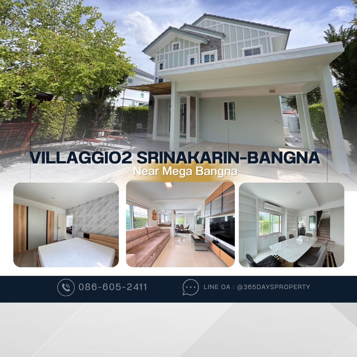 For RentHouseBangna, Bearing, Lasalle : 💥ForRent💥4Bed • Villaggio2 Srinakarin–Bangna 🏡 Near Mega Bangna only 10 mins 🛒Ready to move in ‼️ Fully Furnished ✨