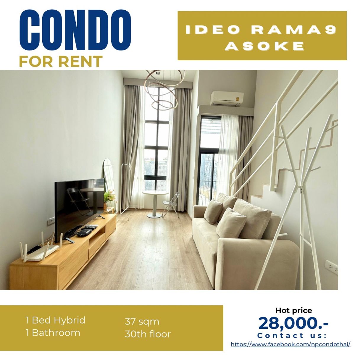 ให้เช่าคอนโดพระราม 9 เพชรบุรีตัดใหม่ RCA : 🚀 Brand New | Hot Deal! 🔥
Duplex 1-Bedroom Condo for Rent – Ideo Rama 9 Asoke Special Price: THB 28,000/month