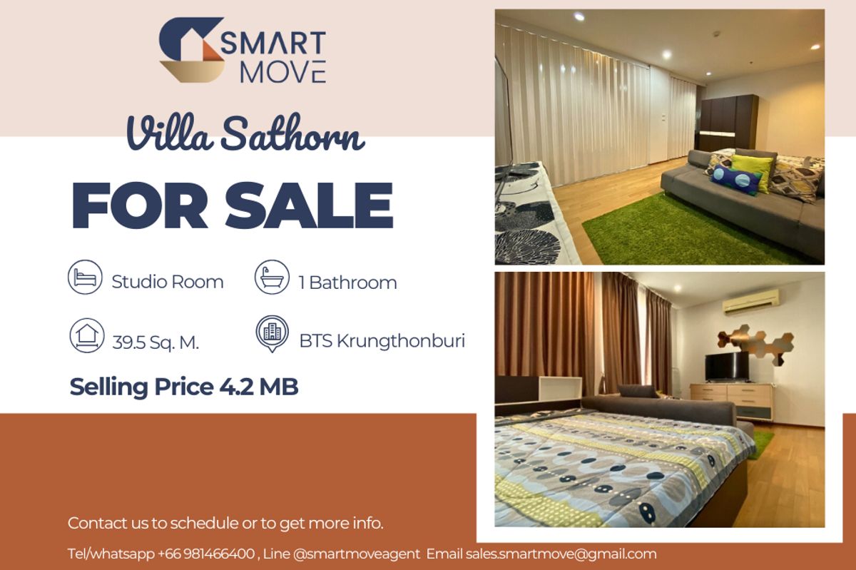 ขายคอนโดวงเวียนใหญ่ เจริญนคร : 🔥 ขายพร้อมผู้เช่า !!🔥 Code C20221204192..........Villa Sathorn, ห้องสตูดิโอ, 1 ห้องน้ำ, ชั้นสูง 21++, ห้องทิศเหนือ, แต่งครบ, ราคาพิเศษ!!📣📣