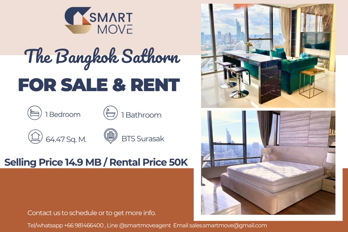 CondoSathorn, Narathiwat : 🔥 For Sale - Rent !!🔥 Code C20240800077..........The Bangkok Sathorn, 1 bedroom 1 bathroom, River View, high floor 35++, ready to move in, Special Deal!!📣📣