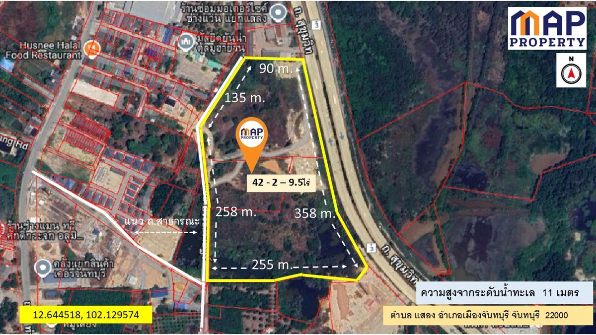 ขายที่ดินจันทบุรี : ขายที่ดิน  ริมถนนสุขุมวิท  42 ไร่ หน้ากว้าง 358 เมตร