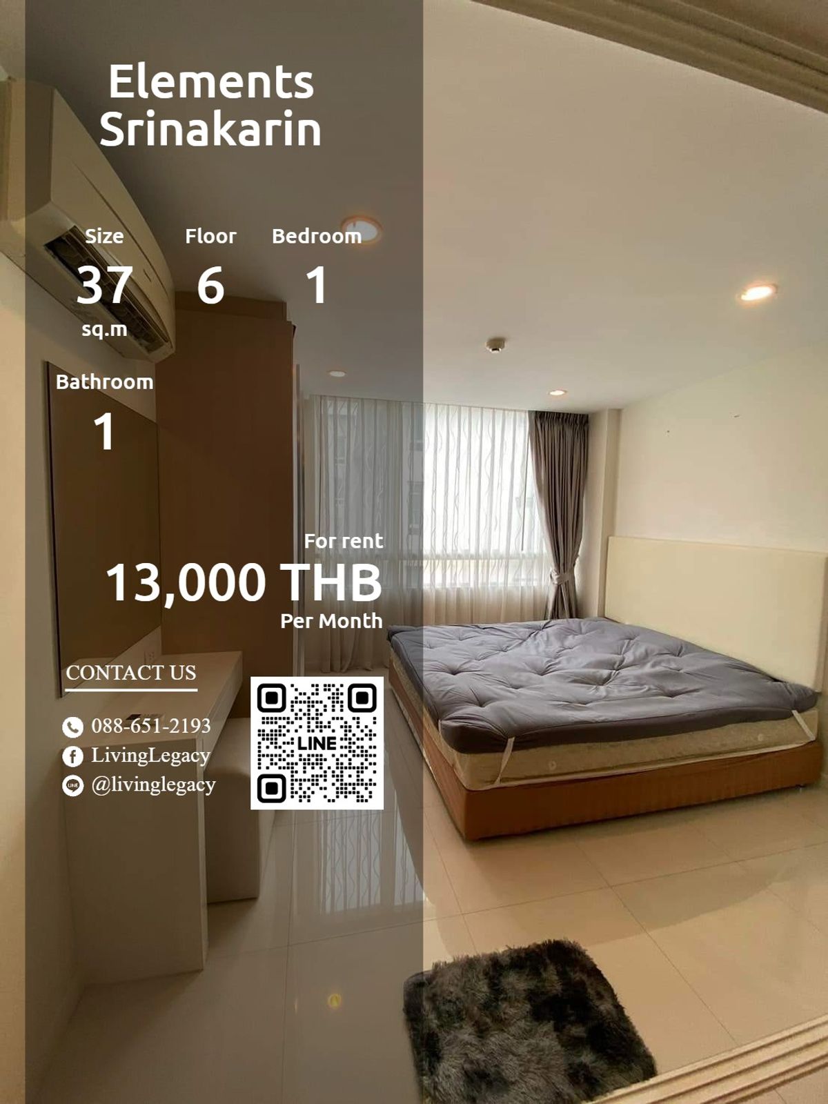 ให้เช่าคอนโดพัฒนาการ ศรีนครินทร์ : SI7J95 ให้เช่าคอนโด Elements Srinakarin 37 ตร.ม. ชั้น 6 line id : @livinglegacy