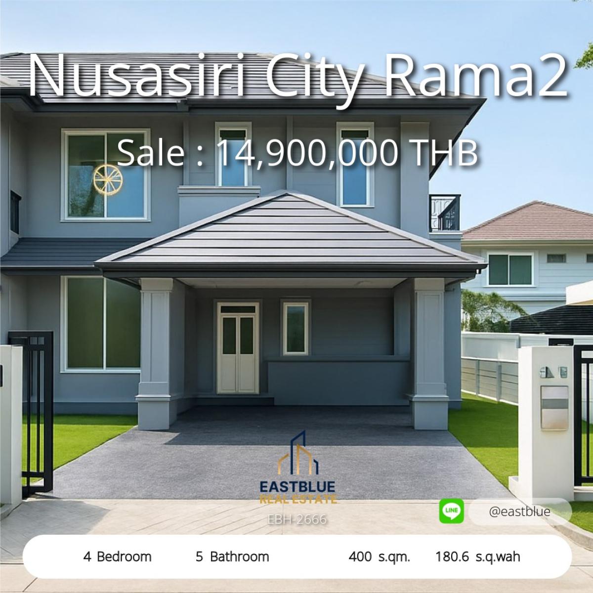 For SaleHouseMahachai Samut Sakhon : 2 storey detached house, Nusasiri City Village, Rama 2 with a swimming pool The house is ready to stay, newly renovated, excellent condition.