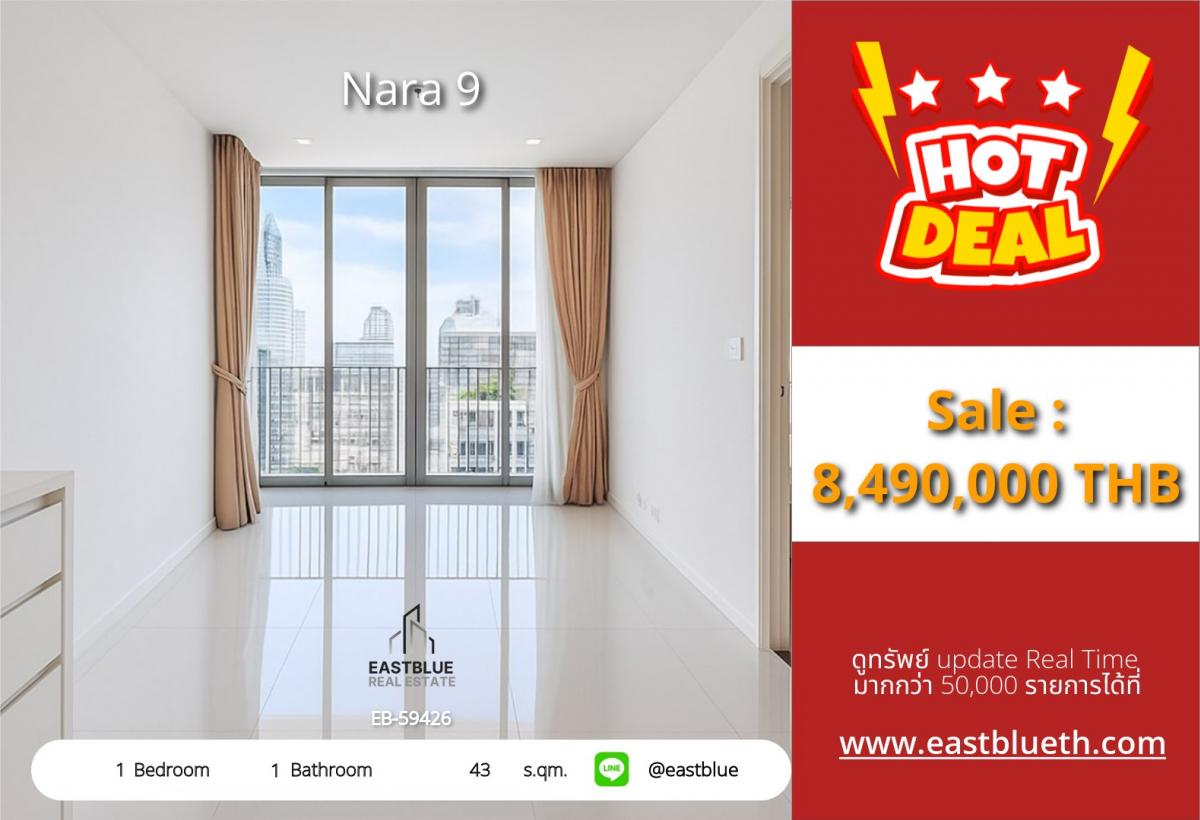 ขายคอนโดสาทร นราธิวาส : ราคาจริงรวมค่าใช้จ่ายแล้วLuxury Condo Near BTS Chong Nonsi – Nara 9, 1 Bed, 43 sqm 8.49 MB, Prime Facilities & Top Location by Bangkok City Tower!