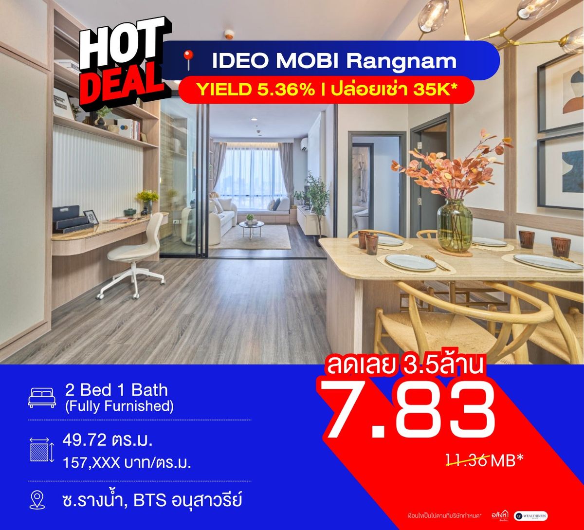 ขายคอนโดราชเทวี พญาไท : อย่าพลาด! Deal ดี Deal เด็ด   IDEO Mobi Rangnam 2 Bed 🚨 ราคาดี Yield 5.4%* ทำเล Victory Monument!