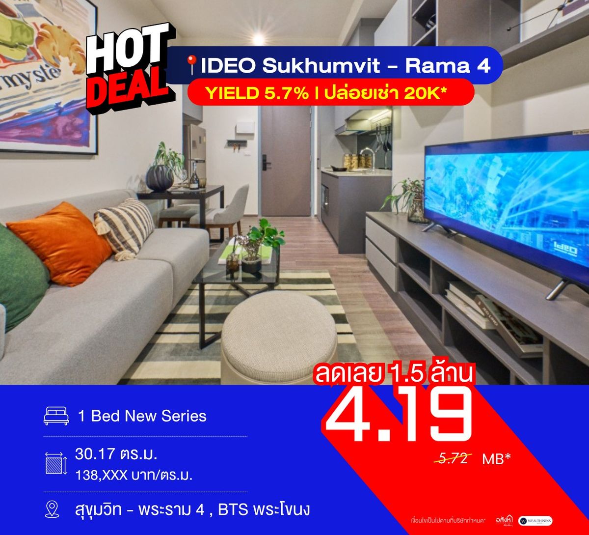ขายคอนโดอ่อนนุช อุดมสุข : รีบด่วน ก่อนพลาด! IDEO Sukhumvit–Rama 4 ห้องใหม่ ราคาลงต่ำกว่าตลาด Yield สูง 5.7%* พร้อมอยู่!